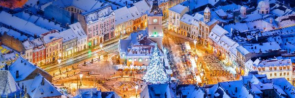 Domy, Ratusz, Braszów, Boże Narodzenie, Stare Miasto, Zima, Rumunia, Choinka, Śnieg, Noc