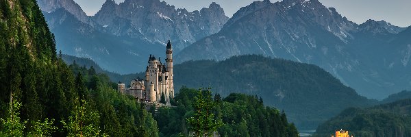 Alpy, Bawaria, Drzewa, Lasy, Góry, Zamek Neuschwanstein, Zamek Hohenschwangau, Niemcy