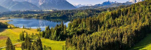 Drzewa, Góry, Niemcy, Bawaria, Karwendel, Zielone, Lasy, Jezioro Eibsee