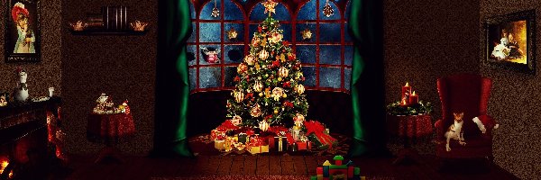 Okno, Prezenty, Pokój, Zabawki, Boże Narodzenie, Choinka, 2D, Kot