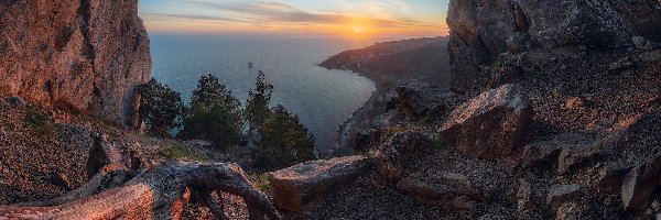 Zachód słońca, Mount Koshka, Morze Czarne, Góry Krymskie, Krym, Pień, Skały