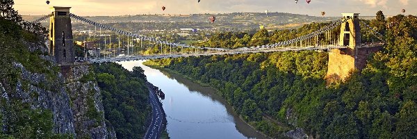 Clifton Suspension Bridge, Most, Skały, Avon River, Rzeka, Anglia, Bristol, Lasy, Balony