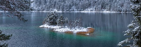 Zima, Wyspa, Jezioro, Drzewa, Ośnieżone