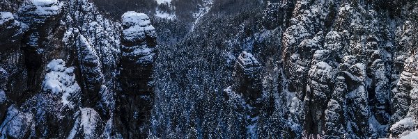 Skały, Zima, Saksonia, Park Narodowy Saskiej Szwajcarii, Góry Połabskie, Las, Śnieg, Niemcy, Wschód słońca