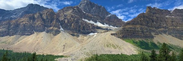 Góry, Alberta, Drzewa, Bow Lake, Park Narodowy Banff, Canadian Rockies, Jezioro, Kanada
