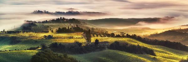 Wzgórza, Val di Cecina, Włochy, Toskania, Pola, Poranek, Mgła, Dolina