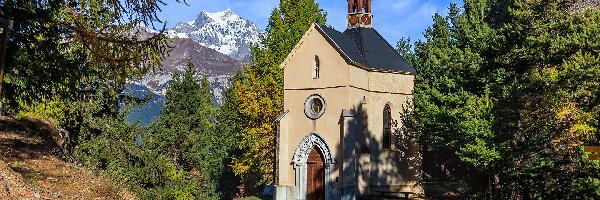 Drzewa, Góry Alpy, Kaplica, Bramans, Francja, Droga, Chapelle Saint Clair