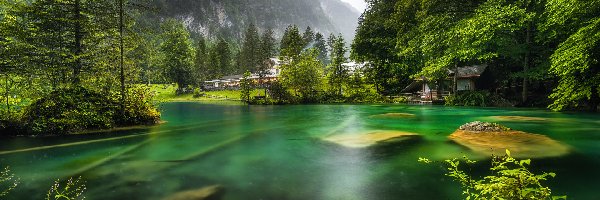 Jezioro Blausee, Domy, Kanton Berno, Kamienie, Szwajcaria, Góry, Drzewa, Las