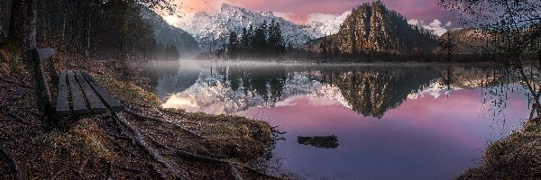 Góry, Szczyty, Drzewa, Ławka, Jezioro Almsee, Austria, Wzgórza, Ośnieżone, Totes Gebirge