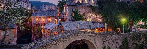 Most, Mostar, Domy, Wieczór, Miasto, Bośnia i Hercegowina
