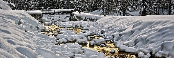 Kamienie, Potok, Mostek, Drzewa, Rzeczka, Zima