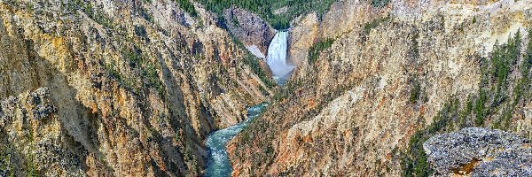 Park Narodowy Yellowstone, Skały, Stany Zjednoczone, Wielki Kanion Yellowstone, Lower Yellowstone River Falls, Rzeka Yellowstone, Drzewa, Góry, Wodospad, Stan Wyoming