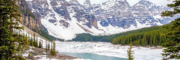 Drzewa, Góry Skaliste, Jezioro, Zima, Park Narodowy Banff, Kanada, Alberta, Moraine Lake, Śnieg