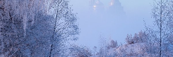 Cerkiew, Drzewa, Rośliny, Mgła, Śnieg, Zima
