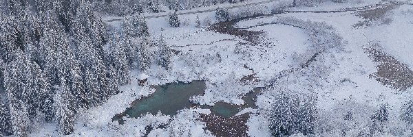 Droga, Zaśnieżona, Z lotu ptaka, Las, Rzeka, Ośnieżone, Drzewa, Zima