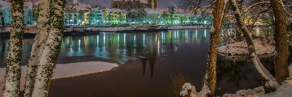 Zima, Miasto Ratyzbona, Niemcy, Drzewa, Domy, Katedra Św. Piotra, Kościół, Regensburg, Rzeka Dunaj, Bawaria