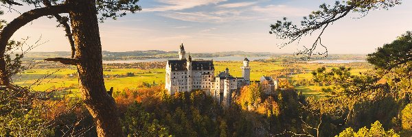 Niemcy, Zamek Neuschwanstein, Drzewa, Wzgórze, Jesień, Bawaria, Pola