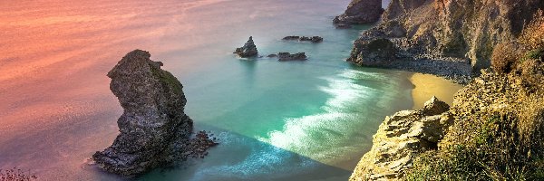 Wybrzeże, Morze Celtyckie, Skały, Bedruthan Steps Beach, Kornwalia, Anglia