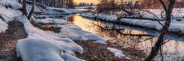 Zima, Śnieg, Rzeka, Wschód słońca, Drzewa