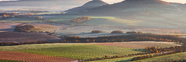 Lasy, Łąki, Pola, Mgła, Wzgórza, Góry