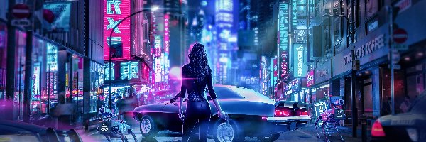 Kobieta, Miasto, Cyberpunk 2077, Samochody, Gra, Broń, Noc, Roboty