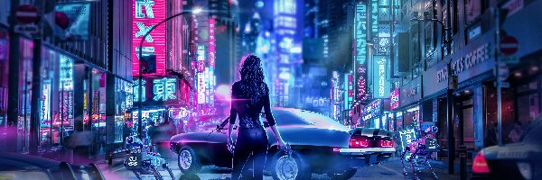 Broń, Cyberpunk 2077, Noc, Roboty, Kobieta, Miasto, Samochody, Gra