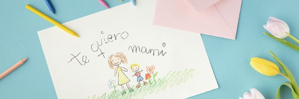 Rysunek, Tulipany, Kredki, Dzień Matki, Kompozycja, Tło, Niebieskie, Kwiaty, Koperta