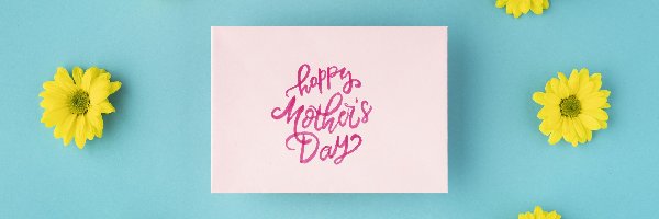 Kartka, Żółte, Tło, Niebieskie, Kwiaty, Napis, Happy Mothers Day, Dzień Matki