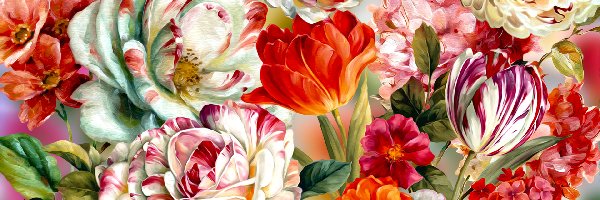 Kwiaty, Tulipany, Kolorowe, Grafika, Piwonie