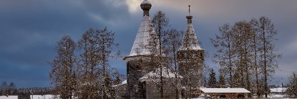Cerkiew, Drzewa, Domy, Zima