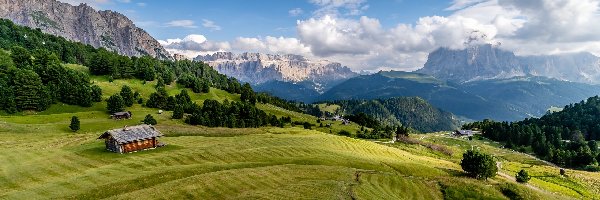 Domy, Dolina Val Gardena, Góry, Południowy Tyrol, Włochy, Lasy, Drzewa, Dolomity, Łąki