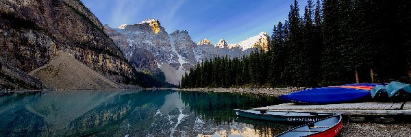 Drzewa, Moraine Lake, Kajaki, Góry Skaliste, Park Narodowy Banff, Kanada, Alberta, Jezioro, Odbicie