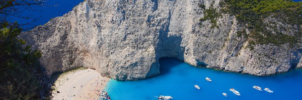 Zatoka, Skały, Plaża Navagio, Jachty, Wyspa Zakintos, Grecja