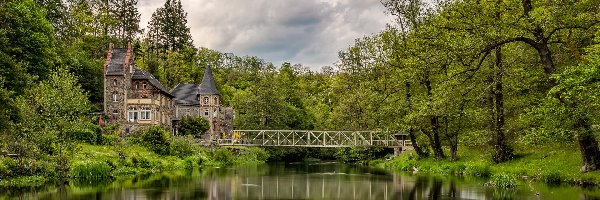 Drzewa, Saksonia-Anhalt, Niemcy, Treseburg, Hotel Bodeblick, Most, Rzeka Bode