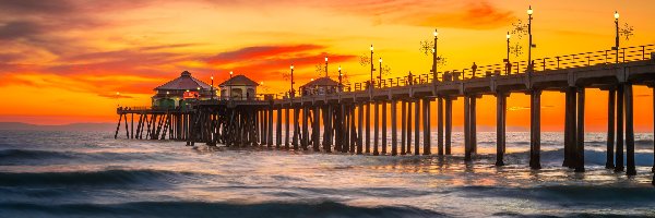 Molo, Zachód słońca, Fale, Huntington Beach, Morze, Huntington Beach Pier, Stany Zjednoczone, Kalifornia