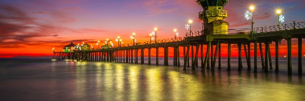Huntington Beach, Molo, Kalifornia, Światła, Stany Zjednoczone, Morze, Zachód słońca, Latarnie