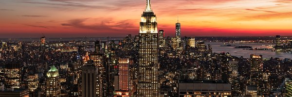 Wieżowiec, Manhattan, Empire State Building, Wschód słońca, Domy, Stany Zjednoczone, Nowy Jork
