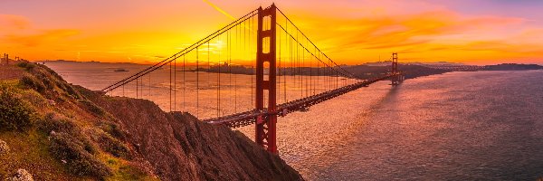 Stan Kalifornia, Golden Gate Bridge, Skały, Stany Zjednoczone, Most, Zachód słońca, Cieśnina Golden Gate