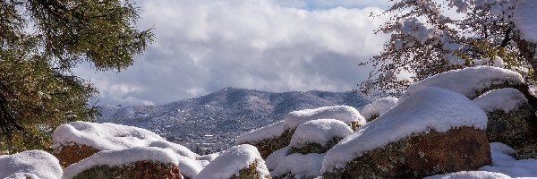 Zima, Ośnieżone, Góry, Drzewa, Kamienie