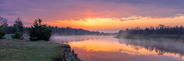 Rzeka, Poranek, Mgła, Wschód słońca, Drzewa