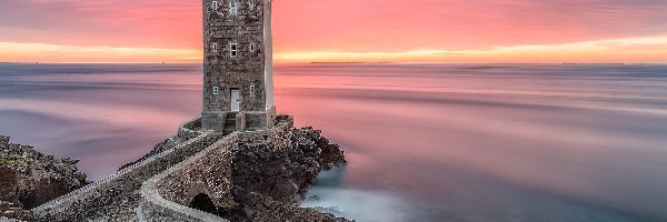 Gmina Conquet, Kermorvan lighthouse, Francja, Wschód słońca, Murek, Morze, Skały, Latarnia morska, Droga, Bretania