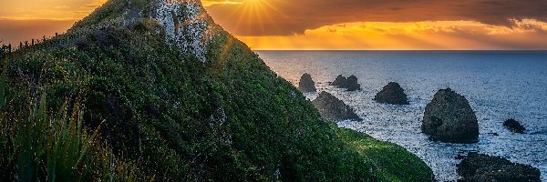 Latarnia morska, Promienie słońca, Nugget Point Lighthouse, Morze, Skały, Nowa Zelandia, Otago