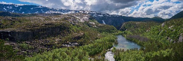 Rzeka, Góry, Lasy, Chmury, Park Narodowy Rago, Norwegia