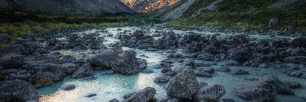 Park Narodowy Góry Cooka, Rzeka, Kamienie, Góry, Hooker River, Góra Cooka, Mount Cook, Nowa Zelandia