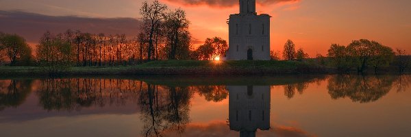 Cerkiew, Jezioro, Odbicie, Zachód słońca, Drzewa