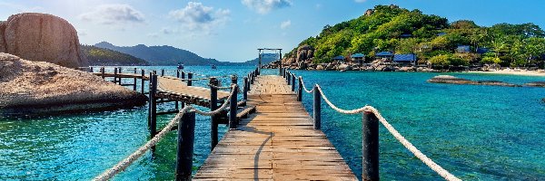 Tajlandia, Morze, Wzgórze, Most, Drewniany, Surat Thani, Wyspa Koh Nang Yuan