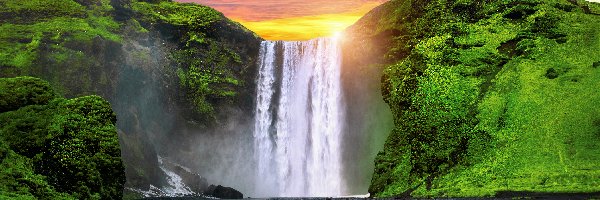 Wodospad, Rzeka Skoga, Skogafoss, Islandia, Roślinność