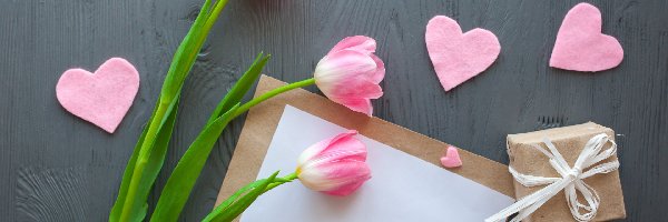 Kartka, Serduszka, Różowe, Prezent, Tulipany, Kwiaty
