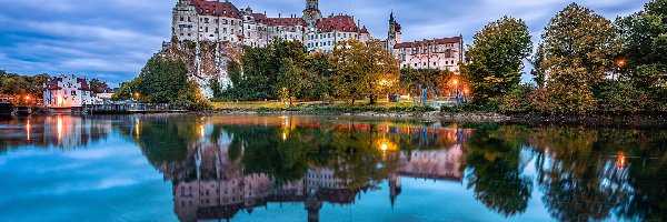 Badenia-Wirtembergia, Drzewa, Zachód słońca, Niemcy, Rzeka Dunaj, Zamek Sigmaringen