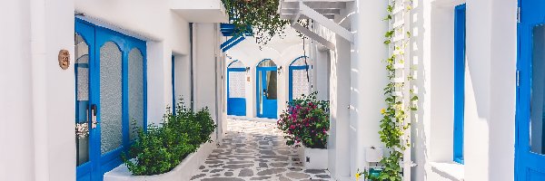 Grecja, Niebieskie, Białe, Santorini, Domy, Uliczka, Drzwi